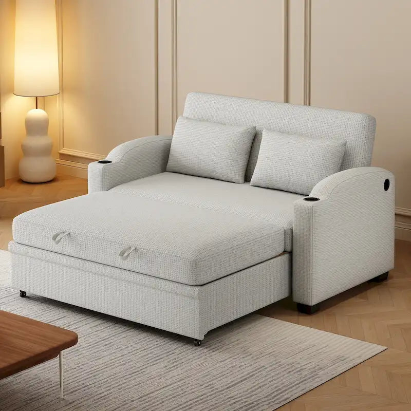 Rozkładana sofa dwuosobowa z szenilu z regulowanym oparciem, portami USB i uchwytami na kubki