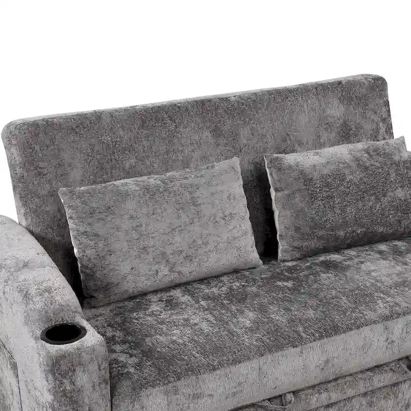 Rozkładana sofa dwuosobowa z szenilu z regulowanym oparciem, portami USB i uchwytami na kubki
