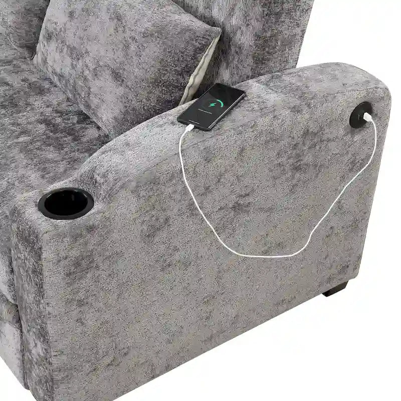 Rozkładana sofa dwuosobowa z szenilu z regulowanym oparciem, portami USB i uchwytami na kubki