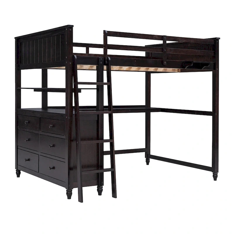 Full size Loft Bed with Drawers and Desk, Wooden Loft Bed with Shelves