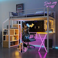 Twin/Full Size Loft Bed with Bulit-in Desk, Wardrobe & Storage Staircase, Metal Loft Bedframe with LED Light and Metal Grid