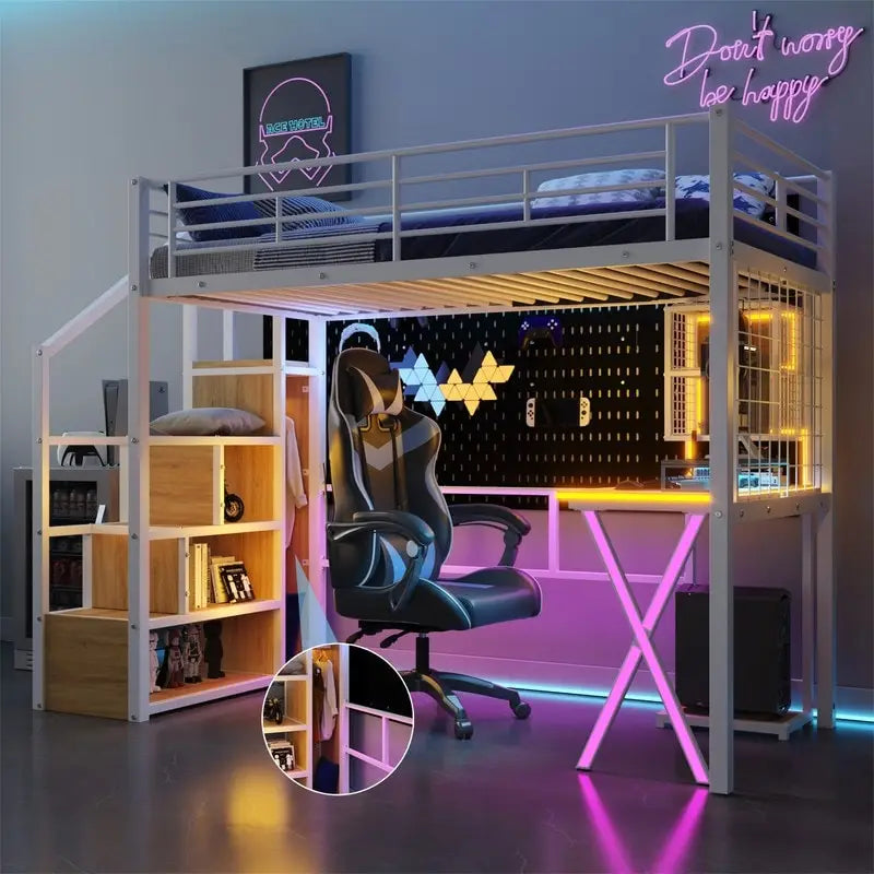 Twin/Full Size Loft Bed with Bulit-in Desk, Wardrobe & Storage Staircase, Metal Loft Bedframe with LED Light and Metal Grid