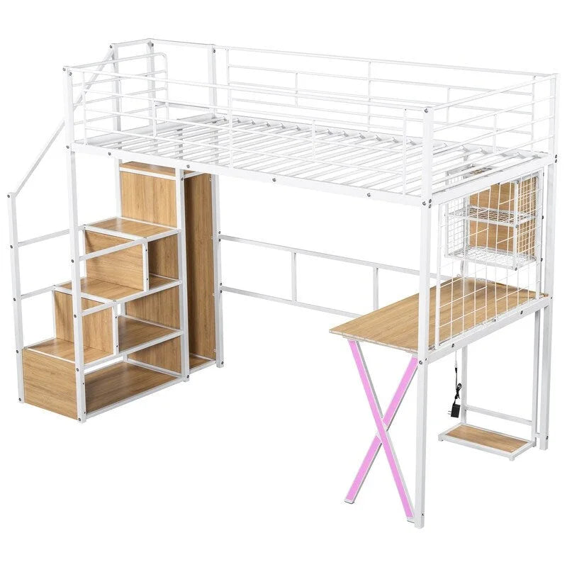 Twin/Full Size Loft Bed with Bulit-in Desk, Wardrobe & Storage Staircase, Metal Loft Bedframe with LED Light and Metal Grid