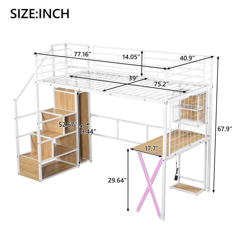 Twin/Full Size Loft Bed with Bulit-in Desk, Wardrobe & Storage Staircase, Metal Loft Bedframe with LED Light and Metal Grid