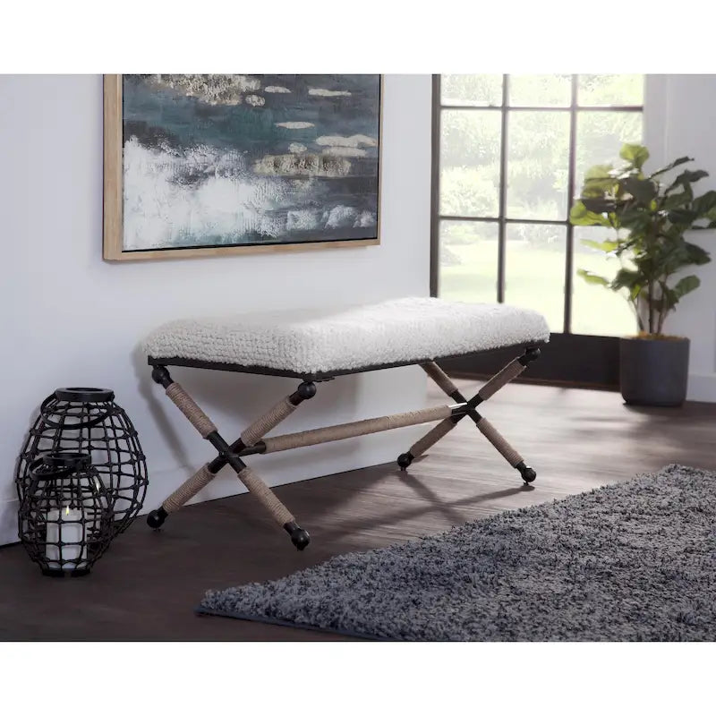 Ivory White Upholstered Bouclé Bench