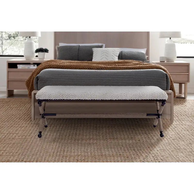 Ivory White Upholstered Bouclé Bench