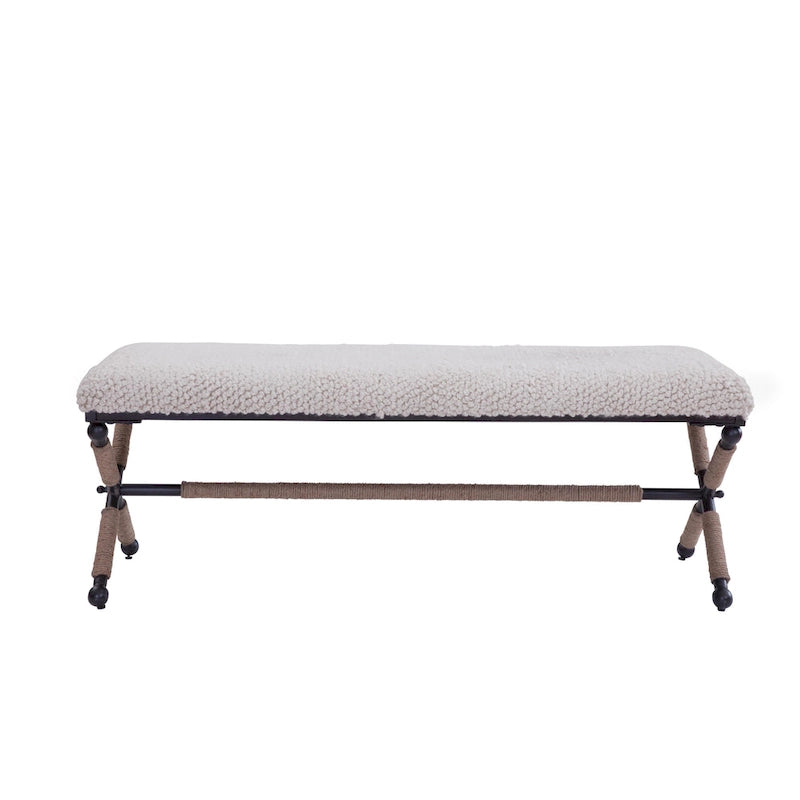 Ivory White Upholstered Bouclé Bench