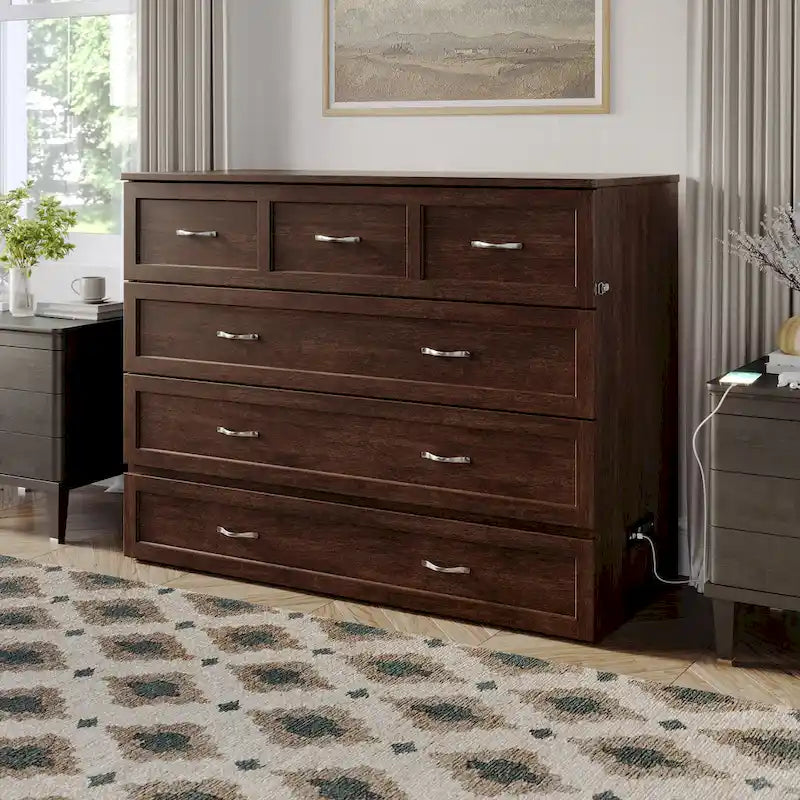 Full Murphy Bed Chest with Mattress in Burnt Amber