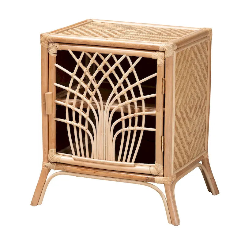Comodino moderno boho in rattan marrone naturale