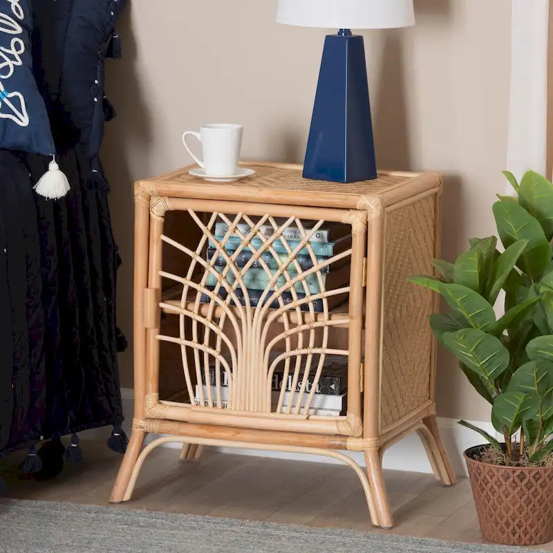 Comodino moderno boho in rattan marrone naturale