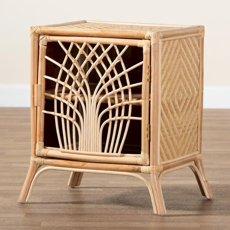 Comodino moderno boho in rattan marrone naturale