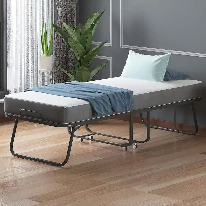 Space Saving Foldable Bed with Mattress,Portable Bed with Lockable Wheels