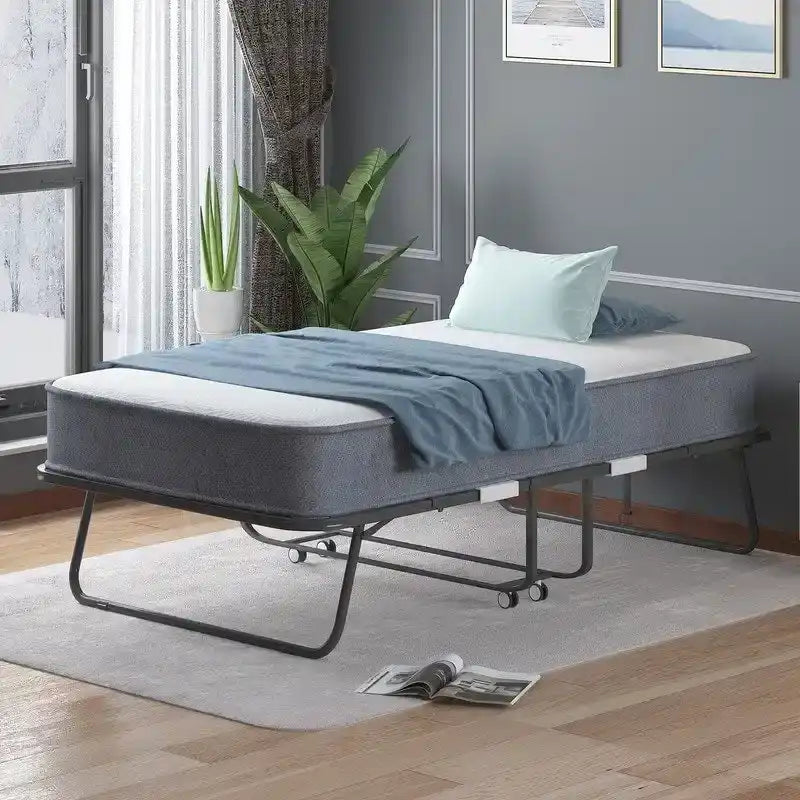 Space Saving Foldable Bed with Mattress,Portable Bed with Lockable Wheels