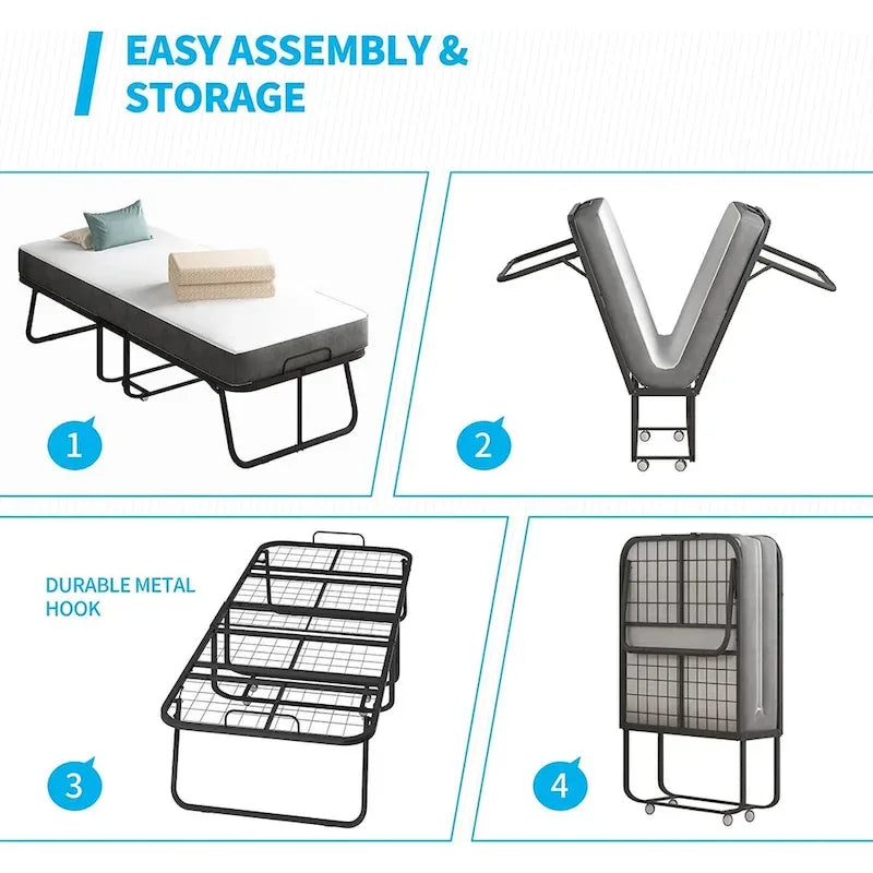 Space Saving Foldable Bed with Mattress,Portable Bed with Lockable Wheels