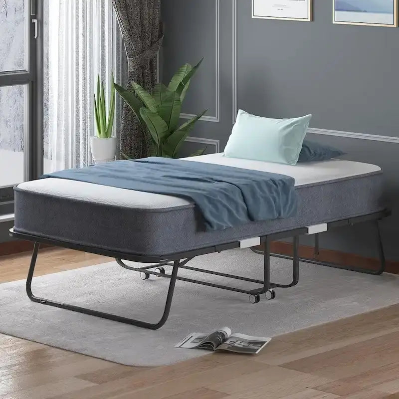 Space Saving Foldable Bed with Mattress,Portable Bed with Lockable Wheels