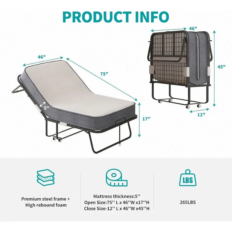Space Saving Foldable Bed with Mattress,Portable Bed with Lockable Wheels