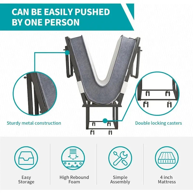 Space Saving Foldable Bed with Mattress,Portable Bed with Lockable Wheels