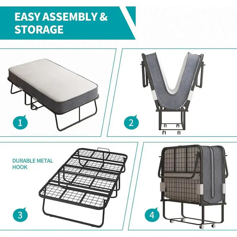 Space Saving Foldable Bed with Mattress,Portable Bed with Lockable Wheels