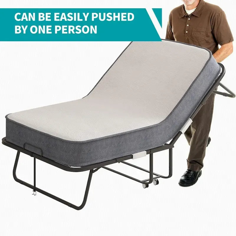 Space Saving Foldable Bed with Mattress,Portable Bed with Lockable Wheels