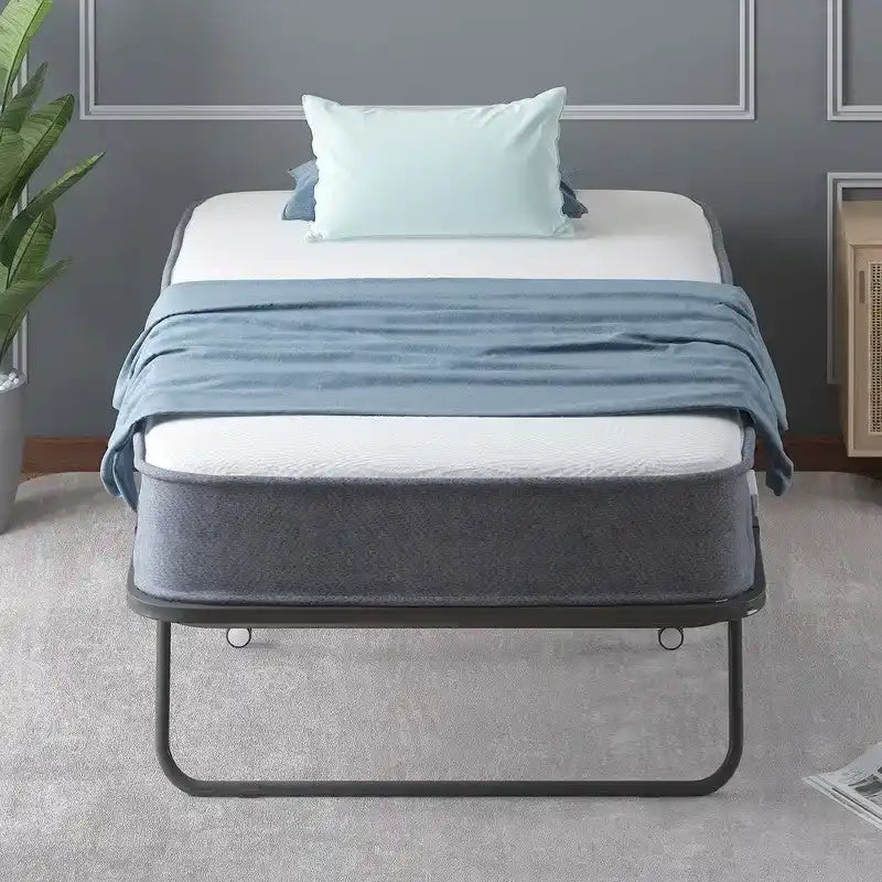 Space Saving Foldable Bed with Mattress,Portable Bed with Lockable Wheels