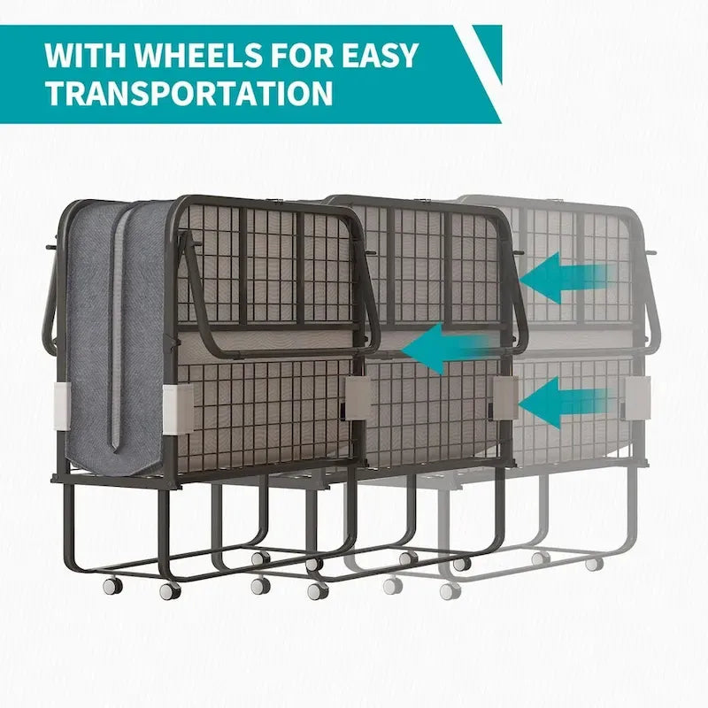 Space Saving Foldable Bed with Mattress,Portable Bed with Lockable Wheels