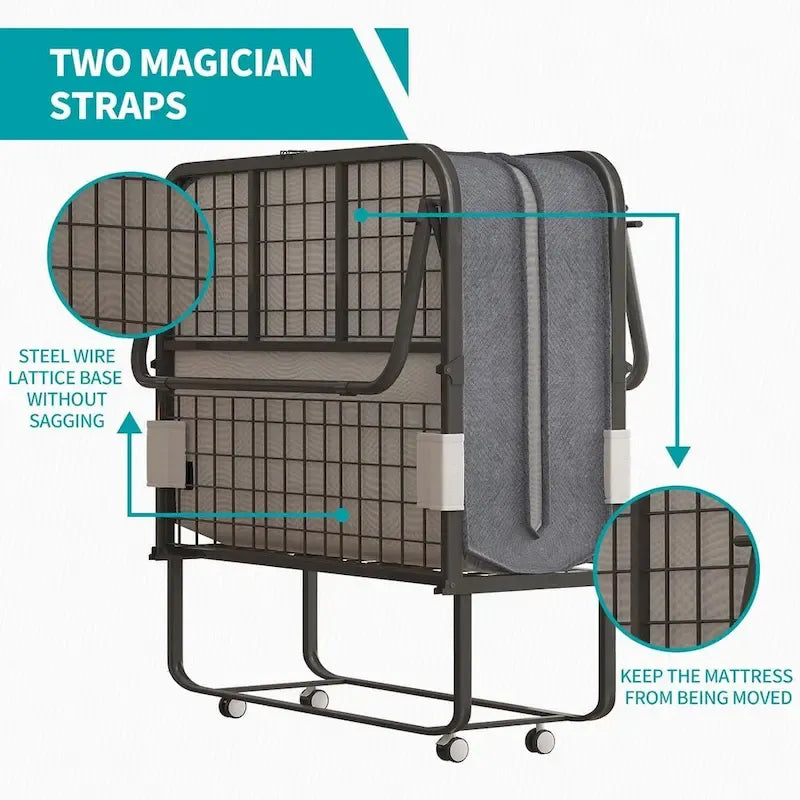 Space Saving Foldable Bed with Mattress,Portable Bed with Lockable Wheels