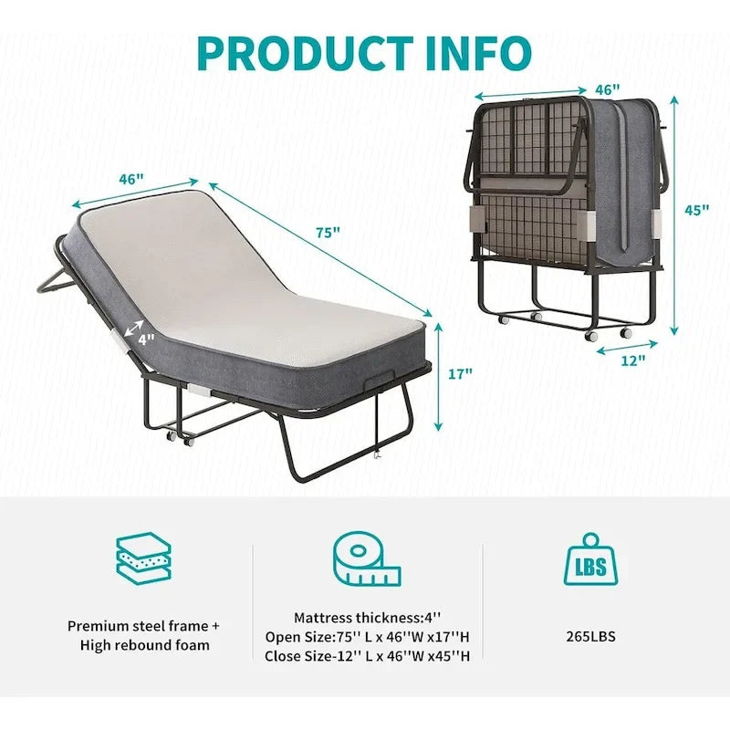 Space Saving Foldable Bed with Mattress,Portable Bed with Lockable Wheels