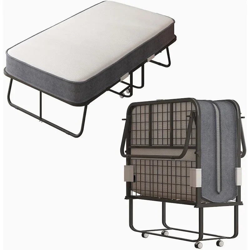 Space Saving Foldable Bed with Mattress,Portable Bed with Lockable Wheels