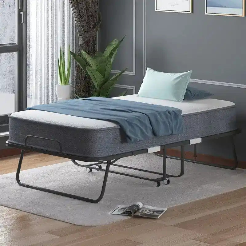 Space Saving Foldable Bed with Mattress,Portable Bed with Lockable Wheels