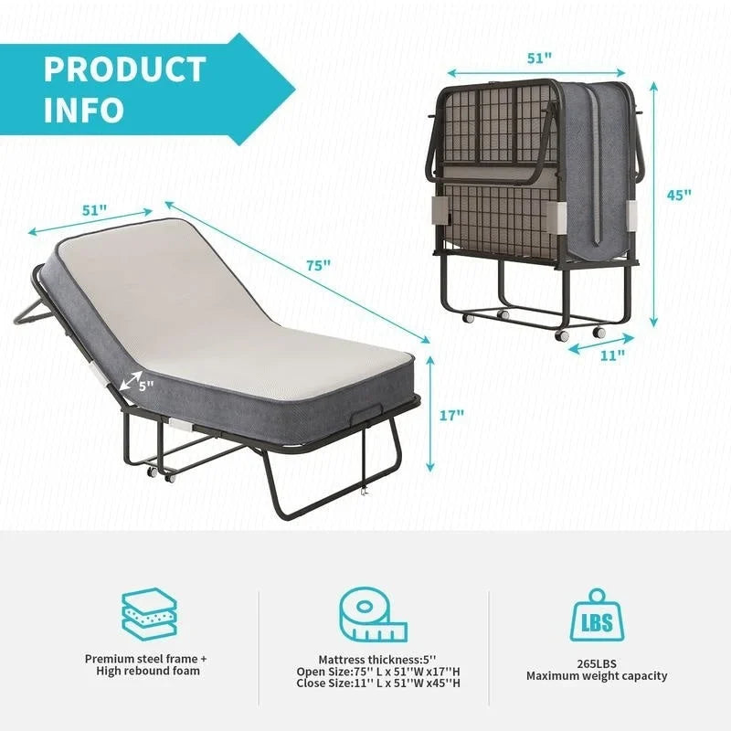 Space Saving Foldable Bed with Mattress,Portable Bed with Lockable Wheels