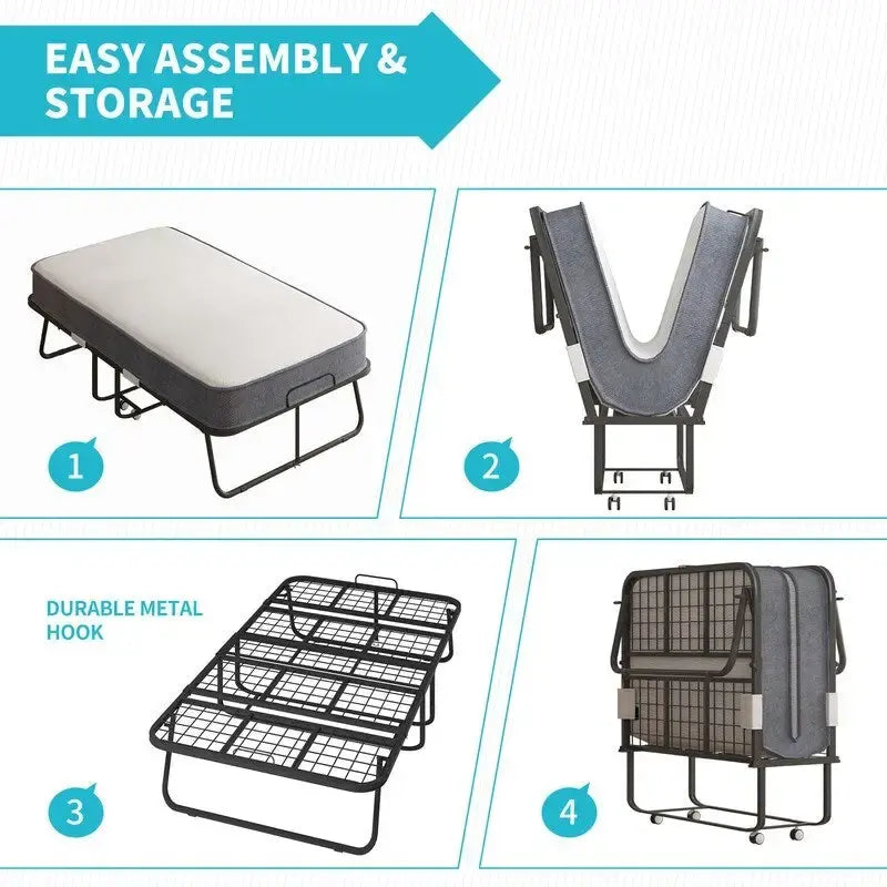 Space Saving Foldable Bed with Mattress,Portable Bed with Lockable Wheels