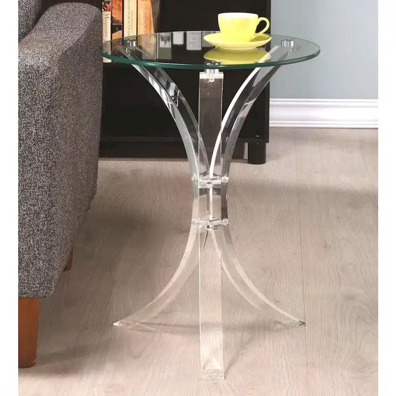 Tavolino decorativo dal design moderno, con base curva e piano in vetro