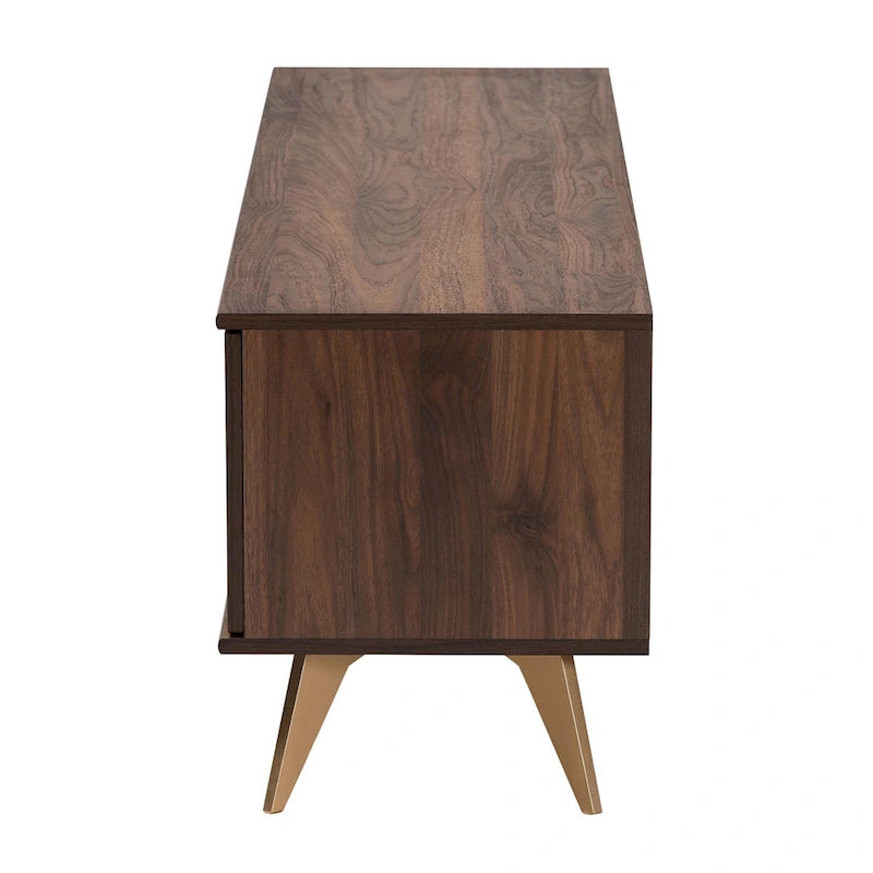Mobile TV in legno color noce marrone, stile transizionale moderno di metà secolo, con due ante