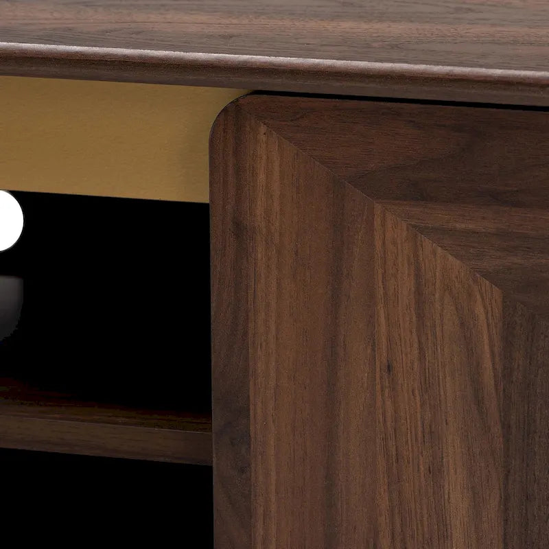Mobile TV in legno color noce marrone, stile transizionale moderno di metà secolo, con due ante