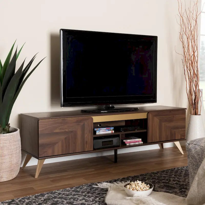 Mobile TV in legno color noce marrone, stile transizionale moderno di metà secolo, con due ante