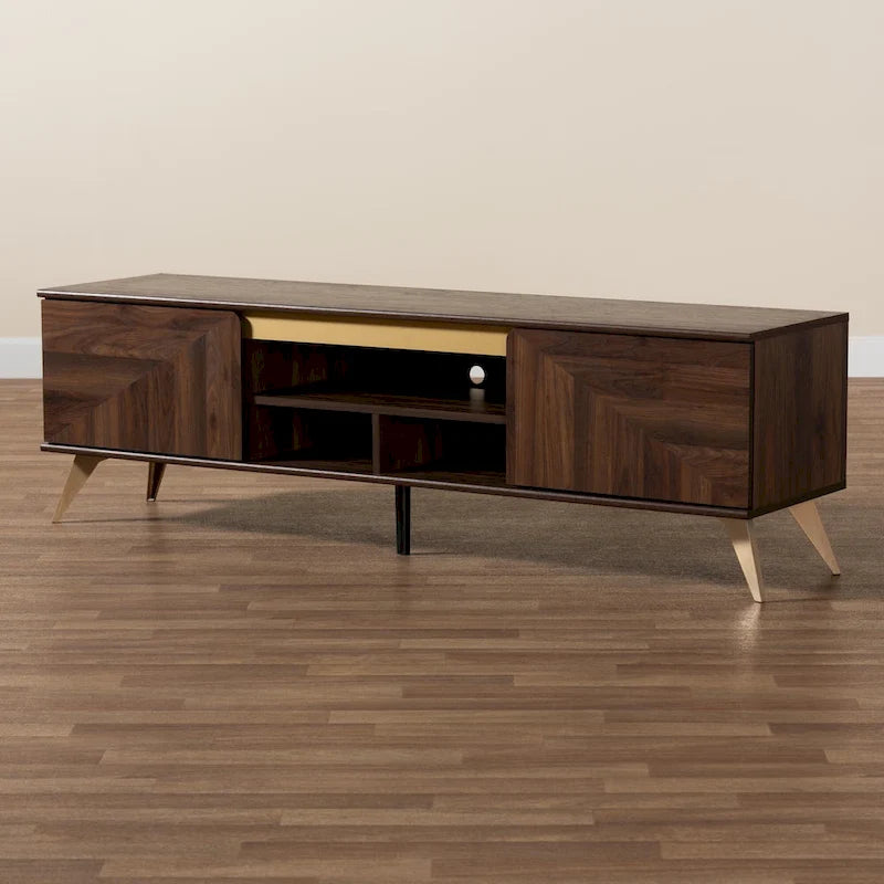 Mobile TV in legno color noce marrone, stile transizionale moderno di metà secolo, con due ante