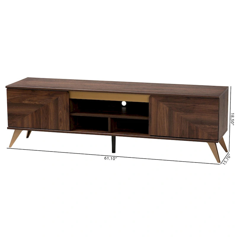 Mobile TV in legno color noce marrone, stile transizionale moderno di metà secolo, con due ante