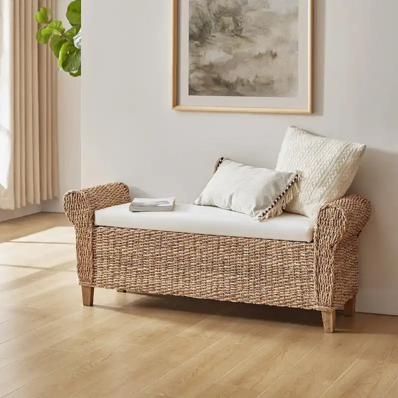 Bohemian Farmhouse-Style Wicker Storage Bench (with Cutout Carved Design)