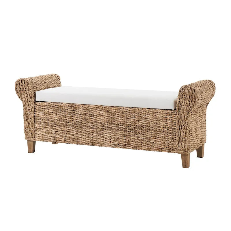 Bohemian Farmhouse-Style Wicker Storage Bench (with Cutout Carved Design)