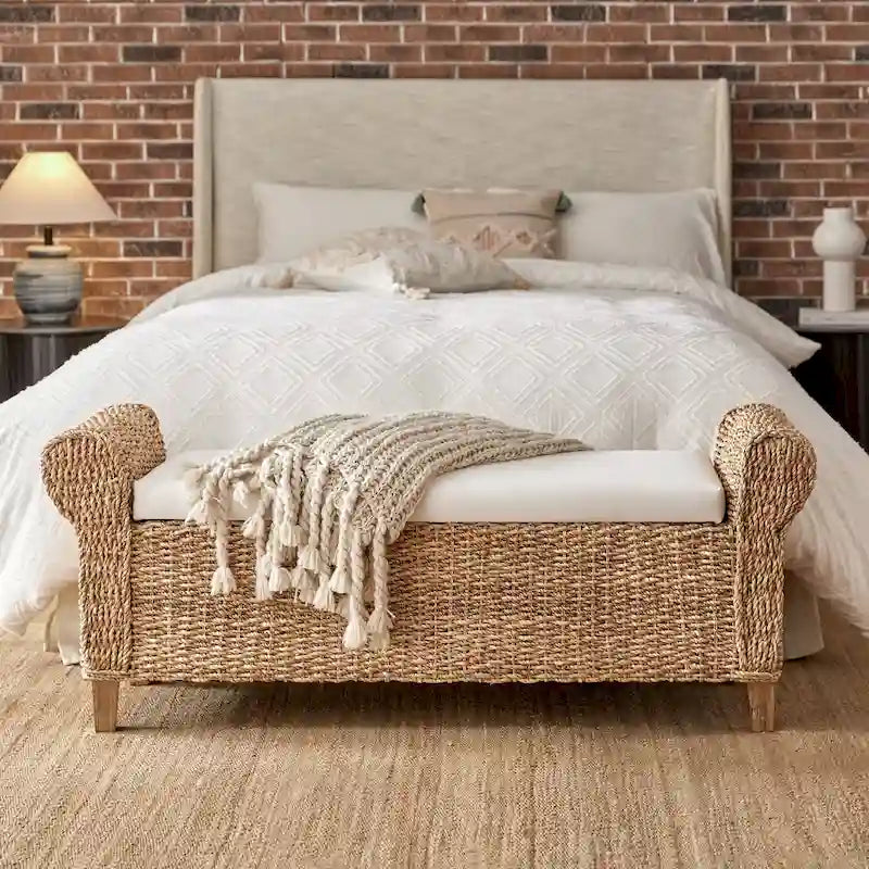 Bohemian Farmhouse-Style Wicker Storage Bench (with Cutout Carved Design)