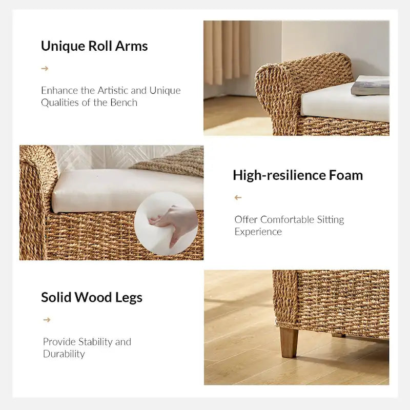 Bohemian Farmhouse-Style Wicker Storage Bench (with Cutout Carved Design)