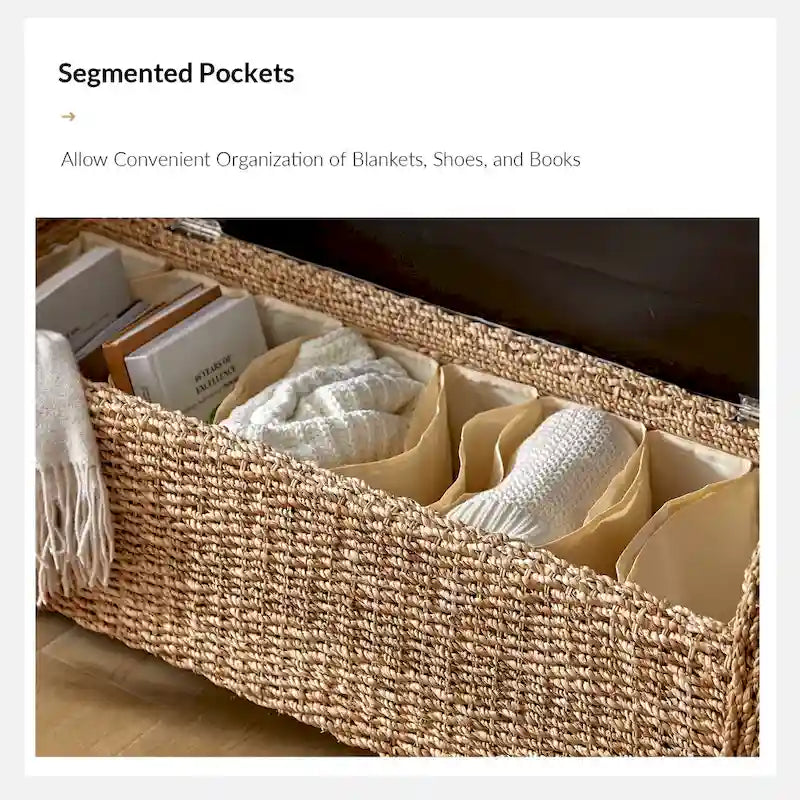 Bohemian Farmhouse-Style Wicker Storage Bench (with Cutout Carved Design)