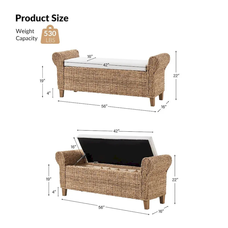 Bohemian Farmhouse-Style Wicker Storage Bench (with Cutout Carved Design)