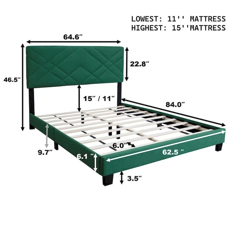 Bed frame with adjustable headboard; no box spring required