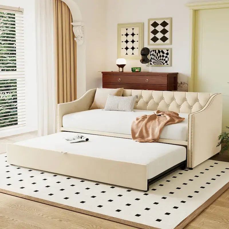 Tapicerzana leżanka w rozmiarze Twin z wysuwanym łóżkiem piętrowym