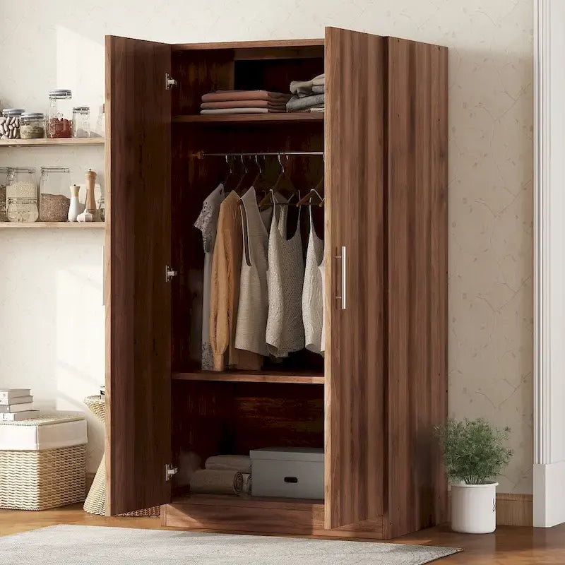 Two-door wooden wardrobe (includes 3 storage shelves), brown