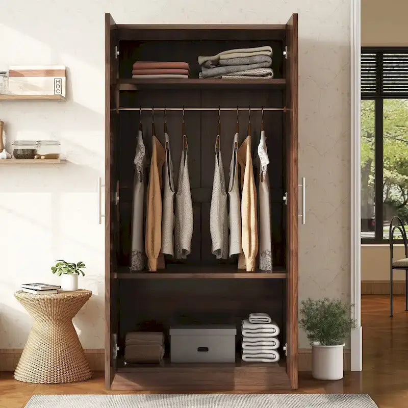 Two-door wooden wardrobe (includes 3 storage shelves), brown