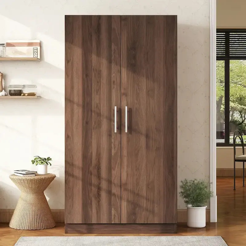 Two-door wooden wardrobe (includes 3 storage shelves), brown