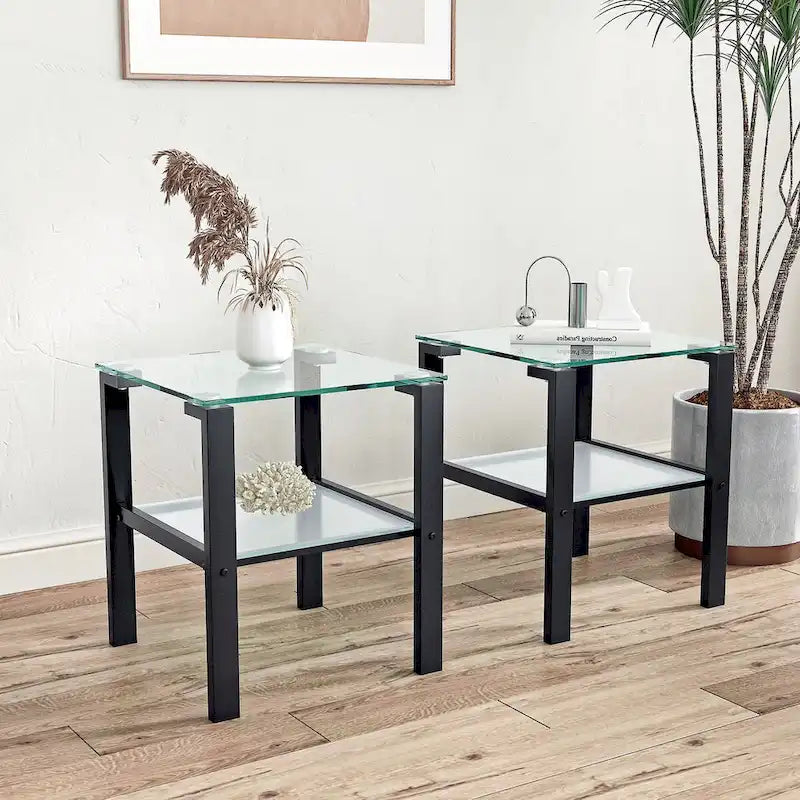 Set of 2, Glass two layer tea table, small round table, bedroom corner table, living room side table,Black