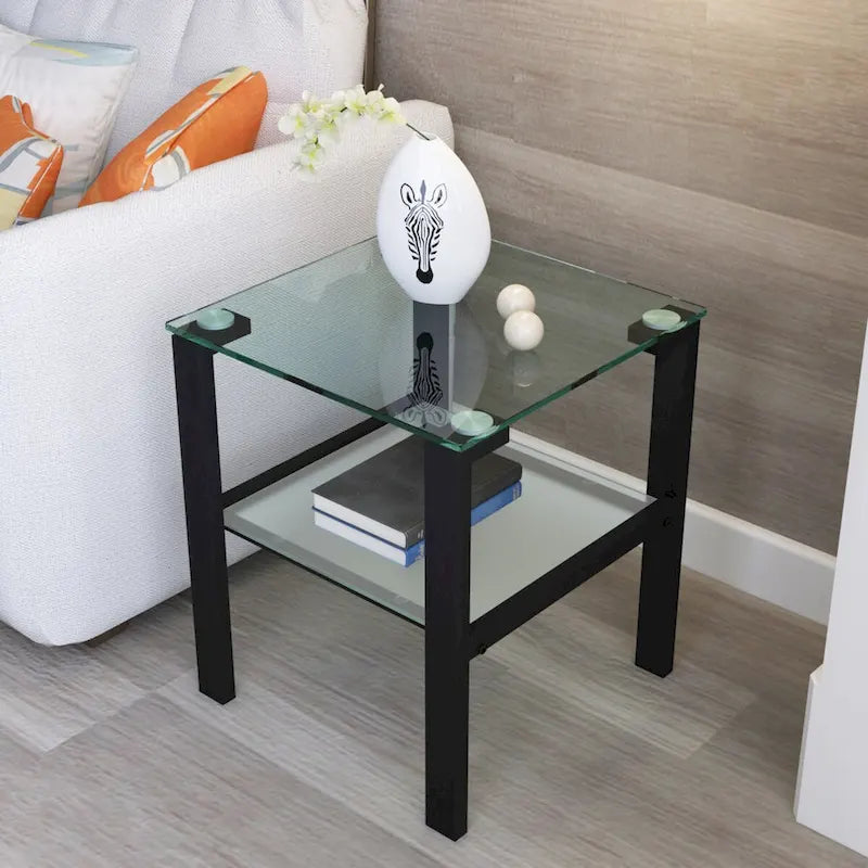 Set of 2, Glass two layer tea table, small round table, bedroom corner table, living room side table,Black